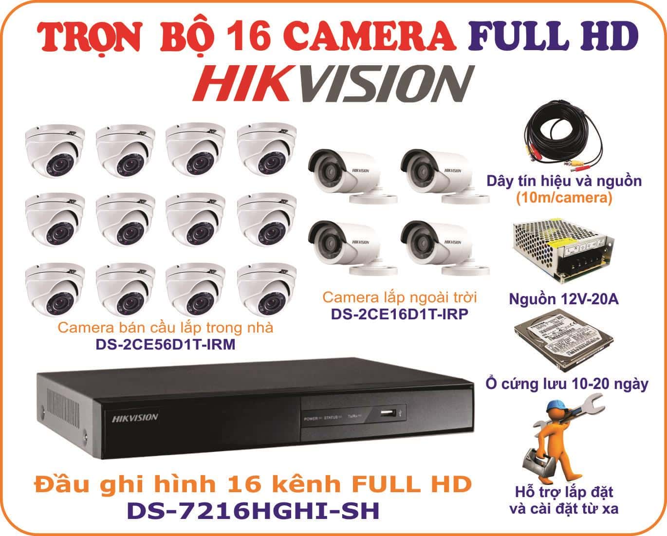 TRỌN BỘ 16 CAMERA Analog HIKVISION 2.0MP full HD